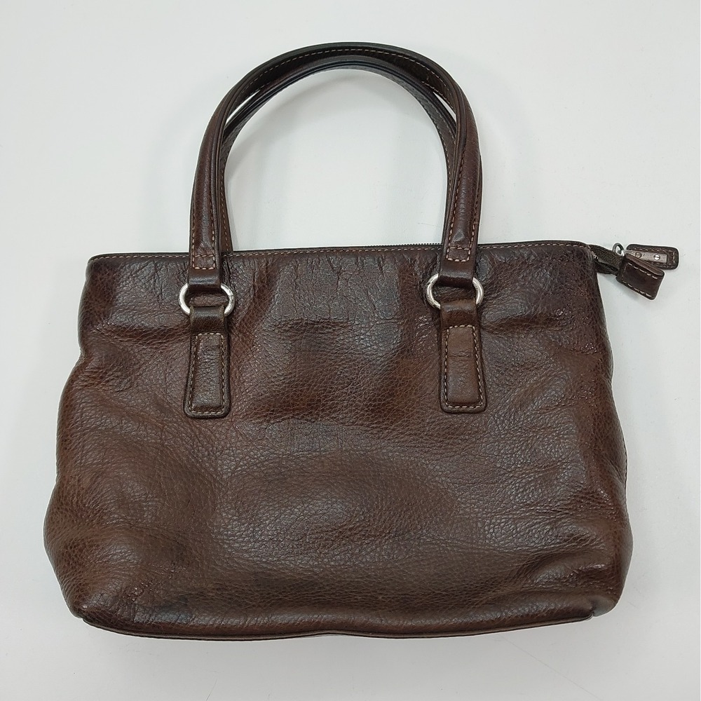 Y2K Fossil 75082 Dark Brown Leather Tote Small Bag Zip Purse Classic 10 Inch